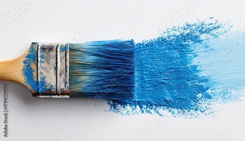 Vibrant photo of close up of a paintbrush with blue paint