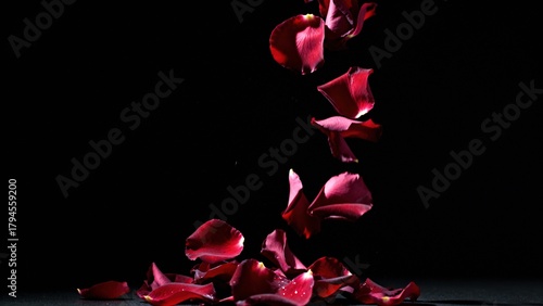 Falling red rose petals on black background. Elegant minimalistic composition symbolizing love, passion, and romance. Perfect for Valentine’s Day, beauty ads, or luxury design concepts