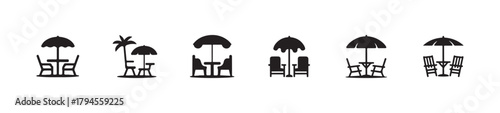 Beach tree & chair vector silhouette illustration logo, beach chair and umbrella silhouette collection palm tree,  vector illustration EPS 10. 