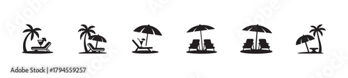 Beach tree & chair vector silhouette illustration logo, beach chair and umbrella silhouette collection palm tree,  vector illustration EPS 10. 