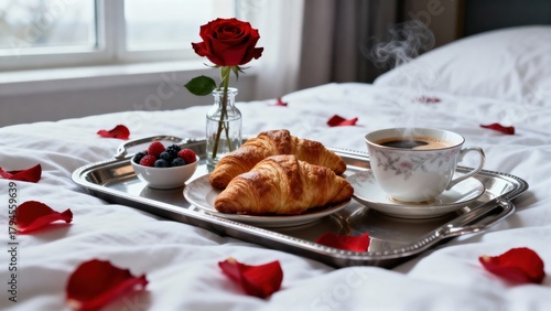 Romantic breakfast in bed with croissants, coffee, red rose and scattered petals. Elegant morning scene symbolizing love and care, perfect for Valentine’s Day or anniversary celebration.