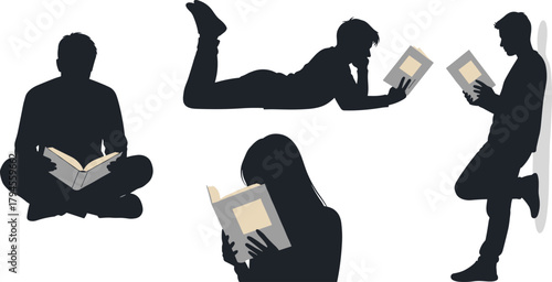 PrintReading silhouettes, book lovers, casual reading poses, education concept, literature, study time, students, learning, black figures, isolated design