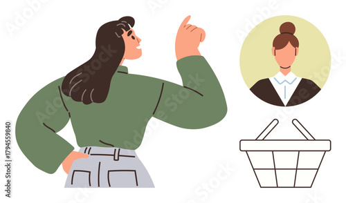 Woman in casual attire gesturing confidently, round avatar of a person in formal clothing, and a shopping basket. Ideal for confidence, leadership, choice making, shopping, online services, consumer