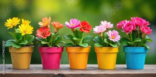 Wallpaper Mural A cheerful array of colorful flowerpots filled with blooming flowers, ready to brighten any space  Perfect for spring, summer, gardening, and home decor  , flowers,  nature Torontodigital.ca