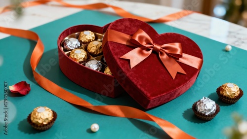 Heart-shaped red velvet box with assorted chocolates and golden wrappers, festive ribbon and elegant gift composition for Valentine’s Day or romantic celebration.