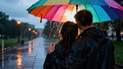 Couple under colorful umbrella walking in the rain, sharing a warm embrace on a wet city path. Romantic moment symbolizing love, togetherness, and emotional connection in rainy weather.