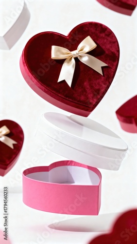 Heart-shaped gift boxes with velvet texture and satin ribbons floating in soft light. Elegant composition symbolizing love, romance, and celebration.