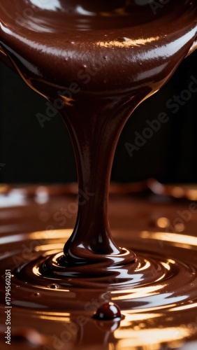 Melted dark chocolate pouring in smooth stream with golden highlights. Close-up texture of liquid chocolate for dessert, confectionery, and luxury food design.