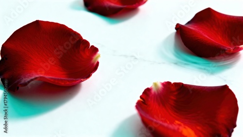 Red rose petals scattered on white marble surface, close-up minimal composition with soft light. Elegant romantic background for Valentine’s Day, love concept, wedding or spa design theme.