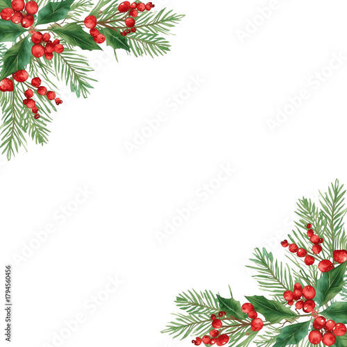 Watercolor Christmas corner border with pine holly fir arborvitae cedar and winterberry in red green and white tones isolated on crisp white background
