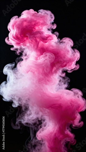 Pink and white ink swirling in dark water. Abstract smoke cloud texture on black background creating artistic movement and soft gradient flow.