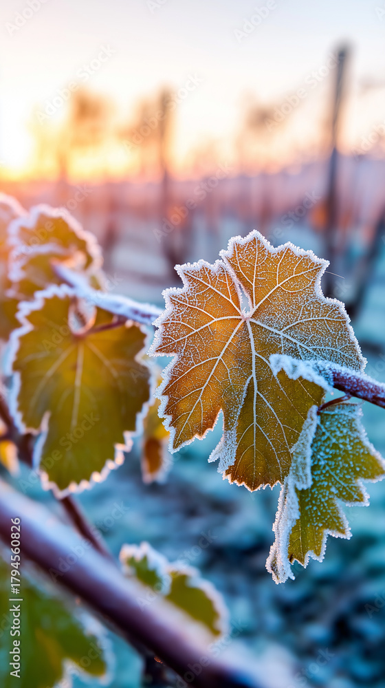 Fototapeta premium Close-up of a vine leaf covered in frost during a cold sunrise.
