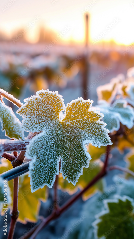 Obraz premium Close-up of a vine leaf covered in frost during a cold sunrise.