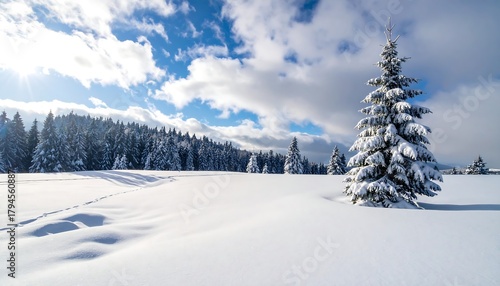Wallpaper Mural Snowy field with spruce trees under a bright blue sky and clouds Torontodigital.ca