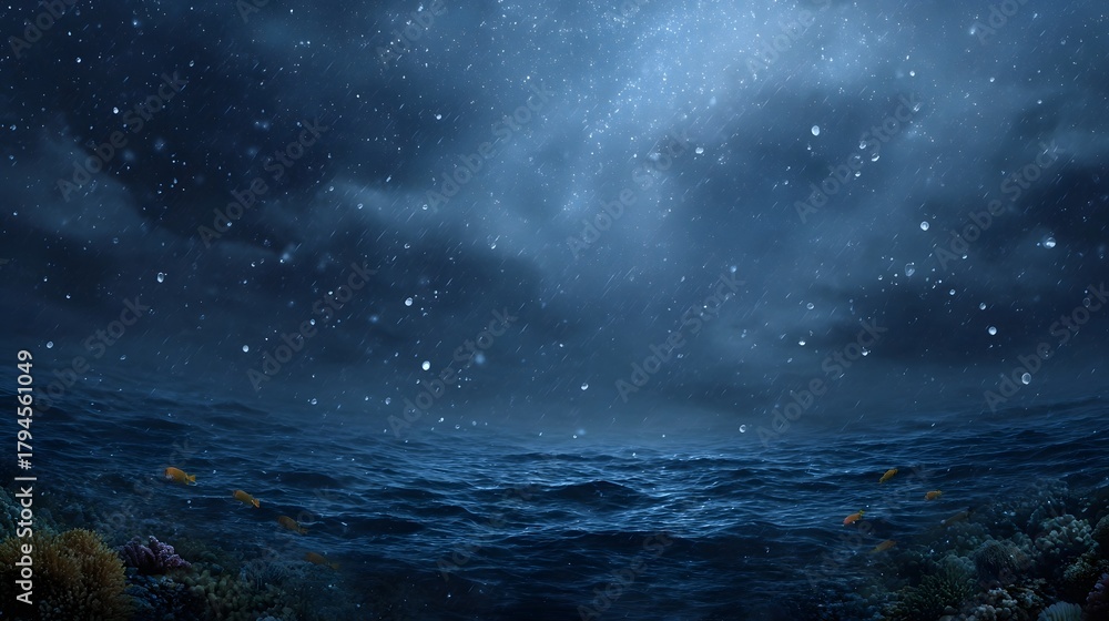 Fototapeta premium Underwater coral reef and fish beneath a stormy rain streaked night sky with stars