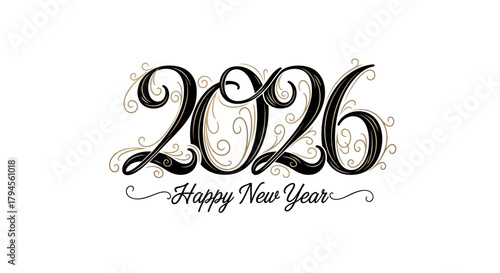Elegant 2026 New Year greeting with ornate flourishes and sophisticated typography perfect for celebratory designs