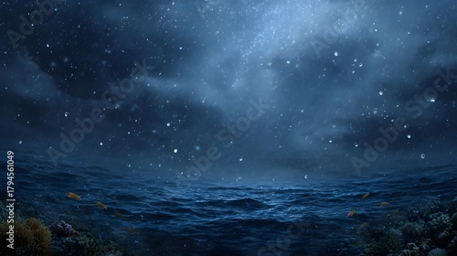 Fototapeta Naklejka Na Ścianę i Meble -  Underwater coral reef and fish beneath a stormy rain streaked night sky with stars