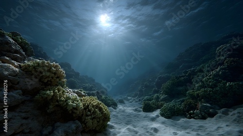 Fototapeta Naklejka Na Ścianę i Meble -  Sunbeams illuminate a vibrant coral reef ecosystem in the clear blue ocean depths