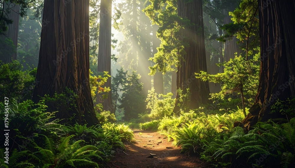 Fototapeta premium Sunbeams stream through a lush forest, illuminating ferns and a path winding between giant trees