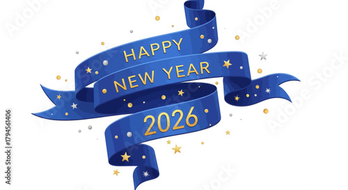 Celebrate the upcoming year with a festive blue ribbon banner wishing everyone a happy new year 2026 adorned with sparkling gold stars and confetti