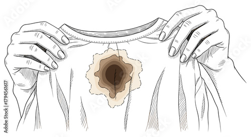 Woman's hands holding a shirt with a dirty coffee stain, engraving sketch, vector illustration, black and white

