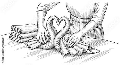 A chambermaid folds towel swans on a bed, engraving sketch, black and white art, vector illustration, woodcut style.

