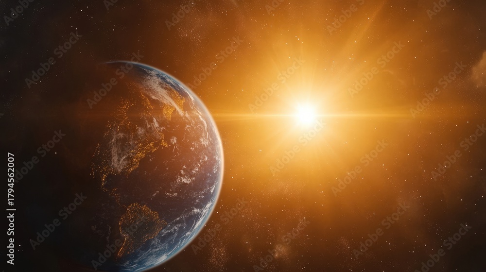 Fototapeta premium Earth and Sun: A Beautiful Cosmic Dance Captured in Space. View the Stunning Colors of Our Planet and Star in Harmony.