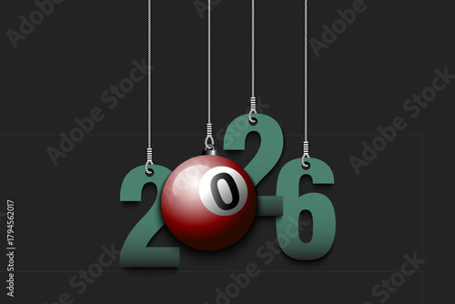 Numbers 2026 and billiard ball as a Christmas decorations are hanging on strings. New Year 2026 are hang on cords. Template design for greeting card. Vector illustration on isolated background