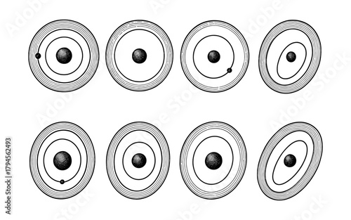 Set of eight hand-drawn atom models with circular orbits and electrons