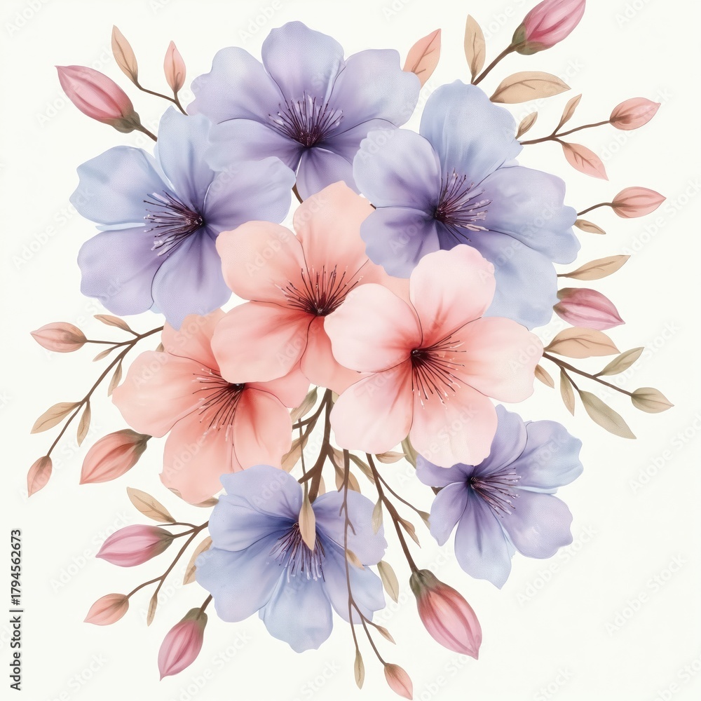 Fototapeta premium Pastel toned floral bouquet with pink and purple blossoms. Delicate petals and leaves arranged on pale background. Elegant botanical art suitable for decor and invitations.