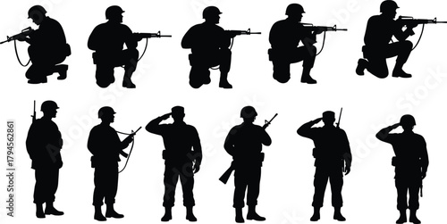 PrintSoldier silhouette, military pose, rifle stance, saluting figure, kneeling soldier, army uniform, black ve troops, defense posture, armed forces