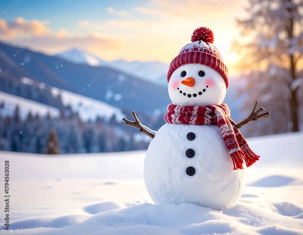 Obraz premium A cheerful snowman, wearing a winter hat and scarf, stands in a snowy landscape with mountains and a sunset in the background