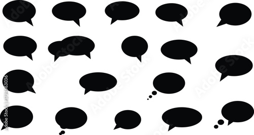 PrintSpeech bubble icons, thought cloud graphics, comic dialogue templates, black empty bubbles, visual storytelling elements, cartoon design shapes, communication symbols