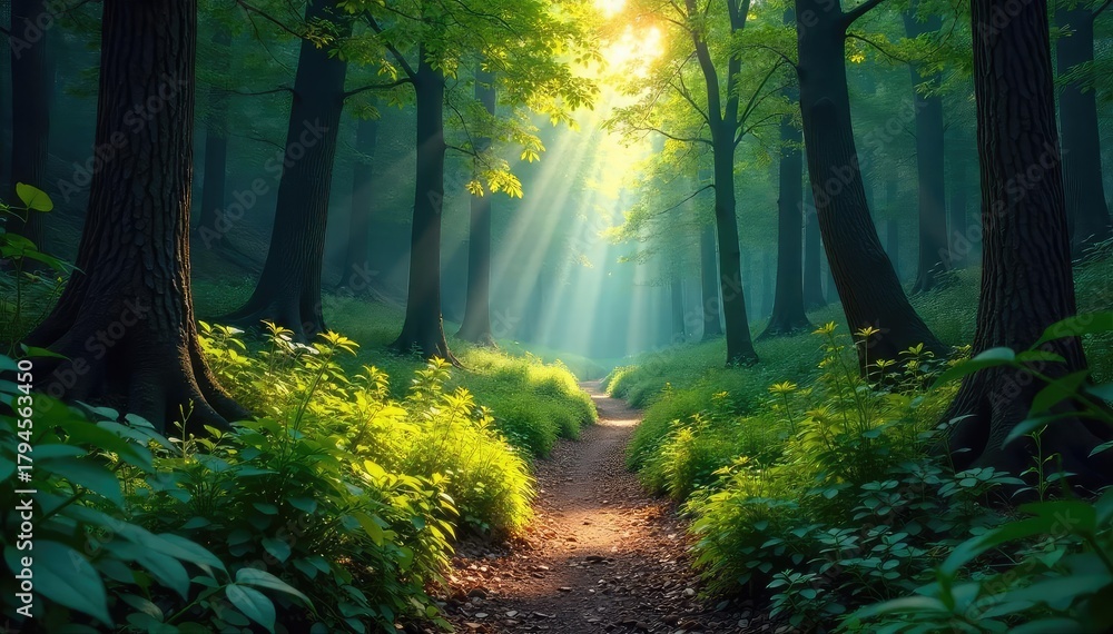 Fototapeta premium A solitary, winding trail disappears into a dense, overgrown forest, sunlight dappling the leaves above Mystery and adventure await the intrepid explorer , remote, vibrant, solitude