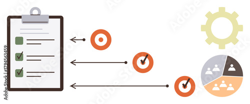 Clipboard checklist, arrows leading to achievement targets, gear icon, and team pie chart. Ideal for project planning, teamwork, goal setting, productivity, organization process optimization simple
