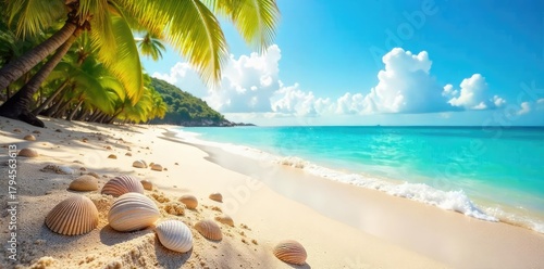 A sun-drenched beach scene with seashells scattered on golden sand, turquoise water gently lapping the shore, and a vibrant summer sky Perfect for vacation, travel, and summer themes , fun, paradise