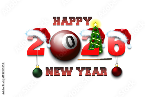 Happy new year. 2026 with billiard ball. Numbers in Christmas hats with cue and Christmas tree ball. Original template design for greeting card. Vector illustration on isolated background