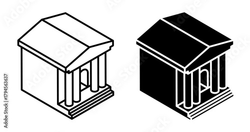 Linear isometric icon. Bank department building with columns and a central entrance. Simple vector isolated on white background