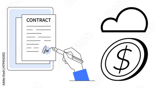 Hand signing contract with pen, emphasizing legal agreement. Cloud and dollar coin highlight online services, finances, and technology. Ideal for business, finance, legal, technology contracts