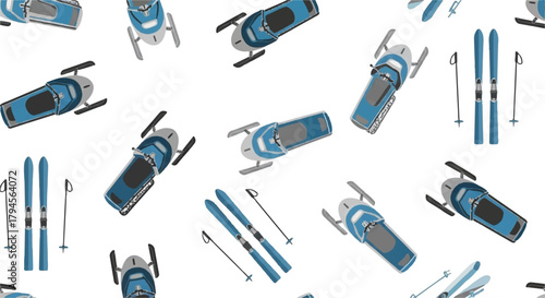 Top View Seamless Pattern of Winter Sports Gear: Snowmobiles, Skis, and Sleds