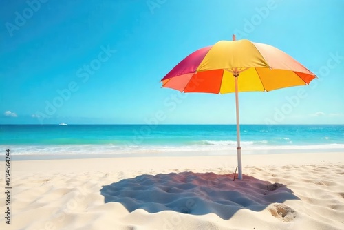 A vibrant beach umbrella provides shade on a sunny day, casting a cool shadow on the pristine sand Perfect for summer vacation imagery and travel brochures , vacation, getaway, resort umbrella