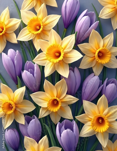 Yellow daffodils, purple crocus flowers form vibrant floral pattern. Spring blossoms fill entire frame, creating cheerful botanical design for new life, growth. Detailed illustration shows fresh