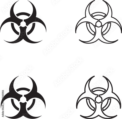 Four biohazard symbols in black outline and solid fill on white background