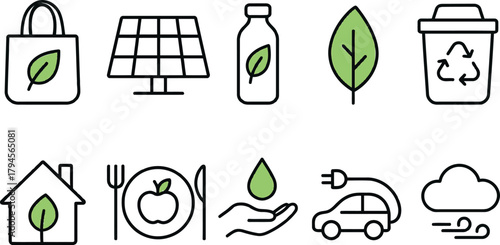 Eco-friendly icon set featuring renewable energy recycling and sustainable living perfect for environmental awareness campaigns and green initiatives