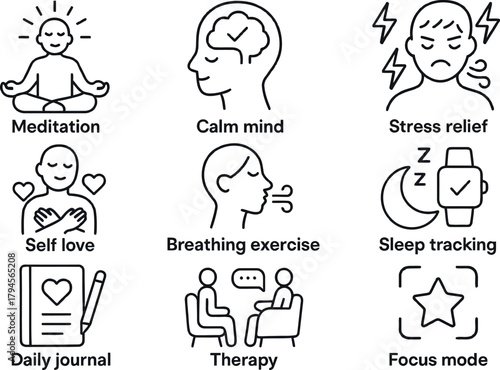 Set of mental wellness icons including meditation therapy and sleep tracking simple line vector design for apps and websites background