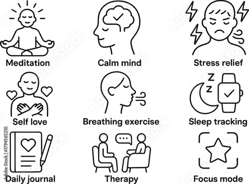 Set of mental wellness line icons depicting meditation calm mind and therapy vector symbols for app and web design