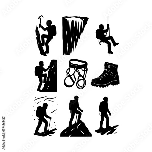 Black and white illustrations of climbing and hiking activities