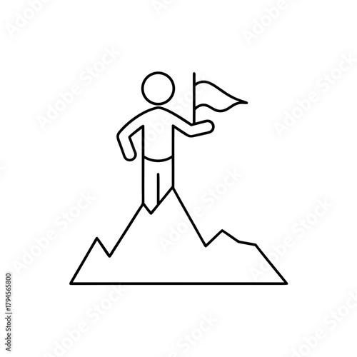 Stick figure holding flag on top of a mountain peak on transparent background silhouette