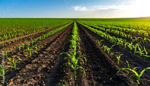 Symmetrical crop rows stretching to the horizon under a clear blue sky, bathed in the warm glow of sunlight