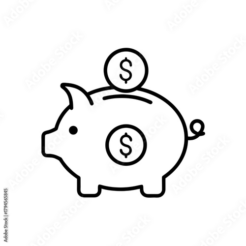 Outline of a piggy bank with dollar sign and coin on transparent background silhouette
